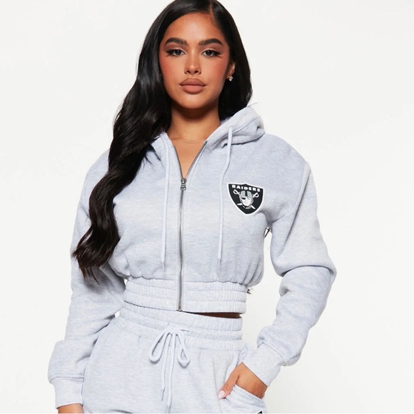 Raiders Cropped Jacket Zip Hoodie - Heather Grey Medium - Picture 2 of 4
